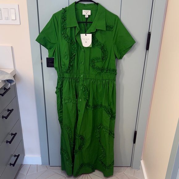 kate spade Emerald Green Ruffle-Trim Midi Shirt Dress - Picture 2 of 4